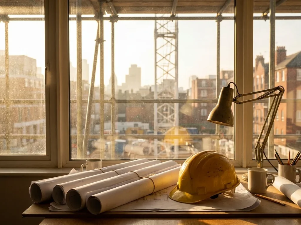 Rolled architectural drawings and a hard hat on a site office table, scaffolding through the window