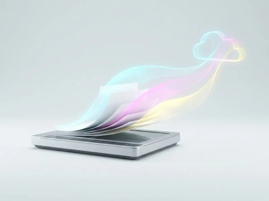 Paper documents lifting from an office scanner and dissolving into flowing cyan, magenta and yellow light as they move into a secure digital archive