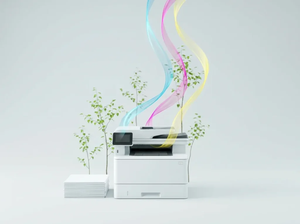 A white office multifunction printer on a pale studio background with young saplings behind