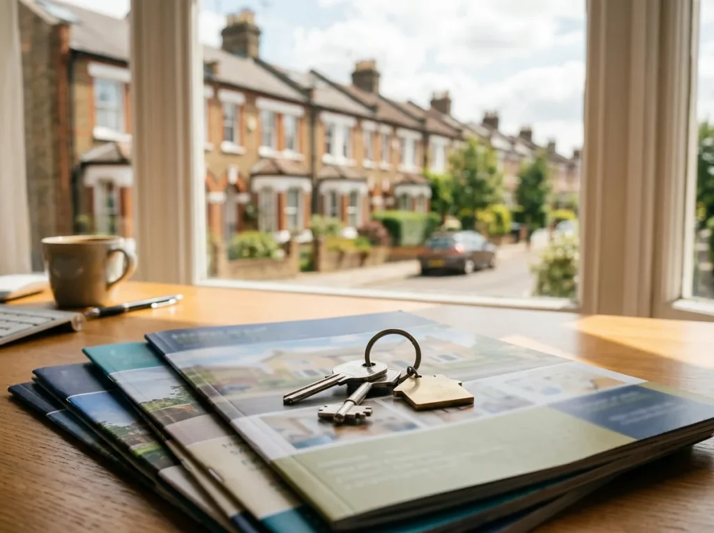 House keys resting on property brochures on an estate agency desk, a terraced street through the window