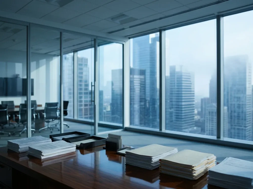 A modern financial district office with stacked documents on a desk and the city skyline behind