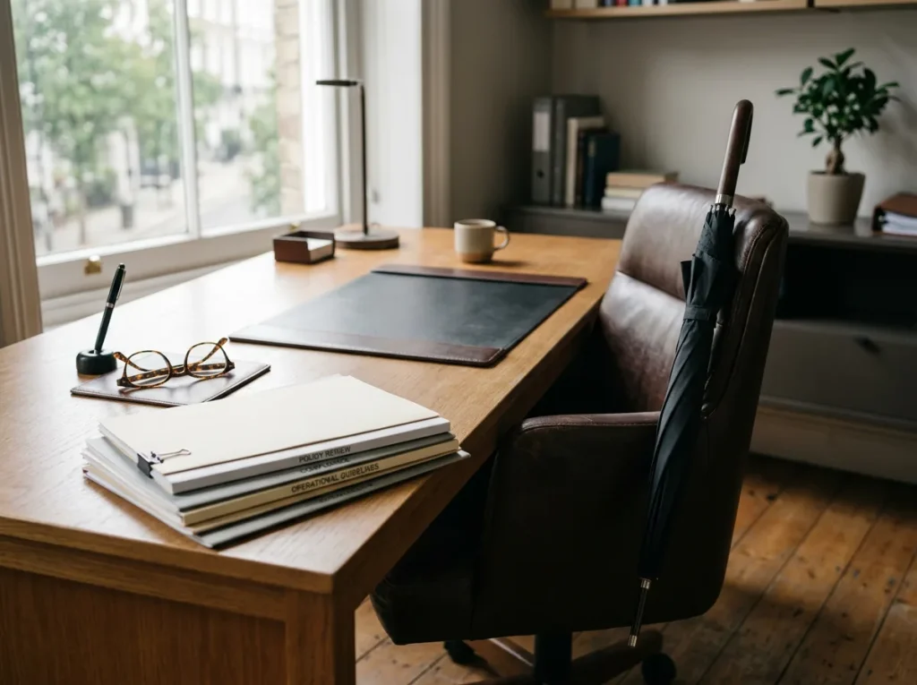 A calm professional desk with policy documents, spectacles and an umbrella resting beside it