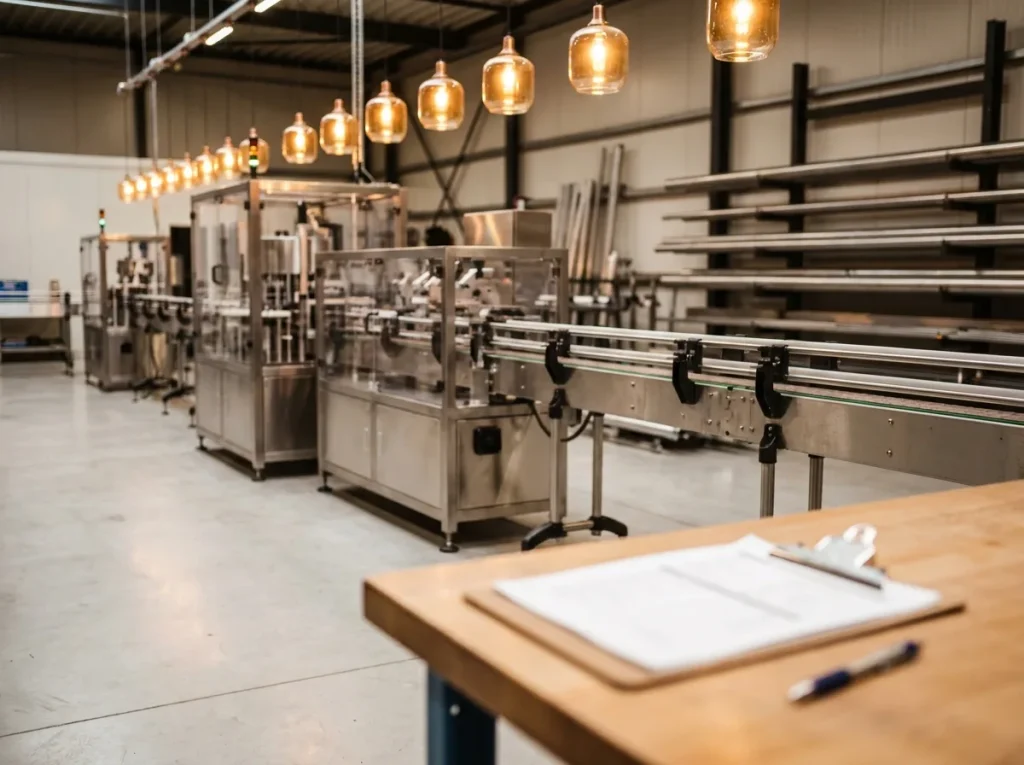 A clean modern factory floor with machinery lines and a clipboard of paperwork on a workbench