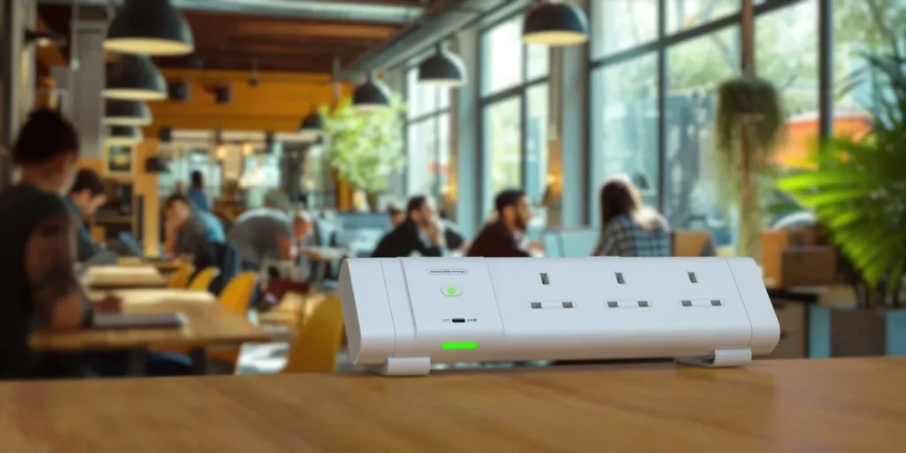 A measurable.energy smart extension lead on a desk in an open-plan office, its status indicator lit green