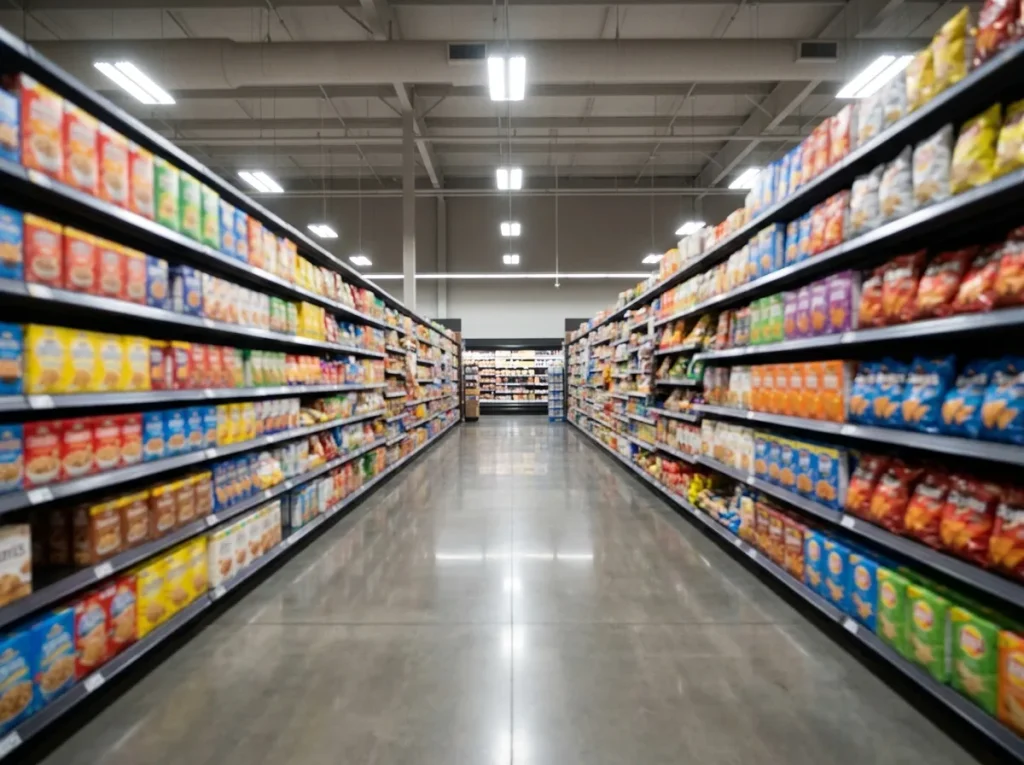 A wide supermarket aisle with stocked shelves and shelf-edge labels running into the distance