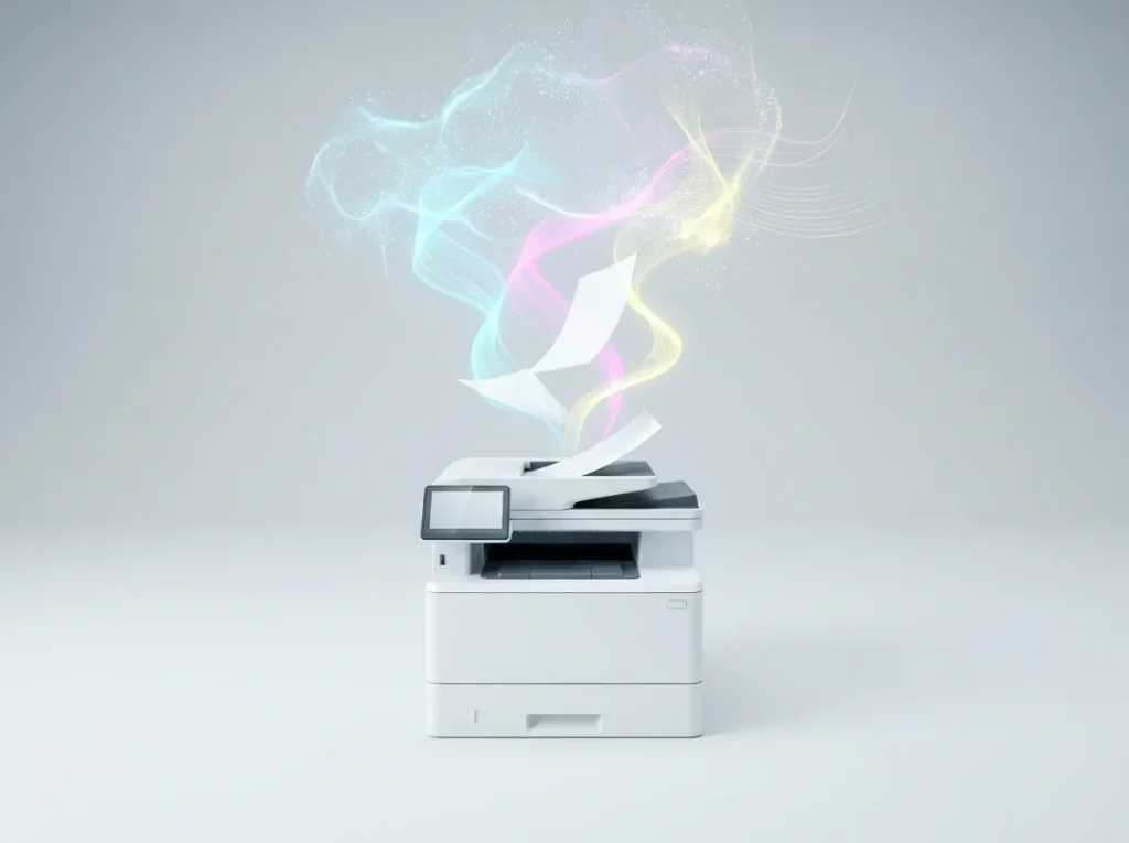 Printed documents lifting and dissolving into flowing cyan, magenta and yellow light as they move into cloud apps