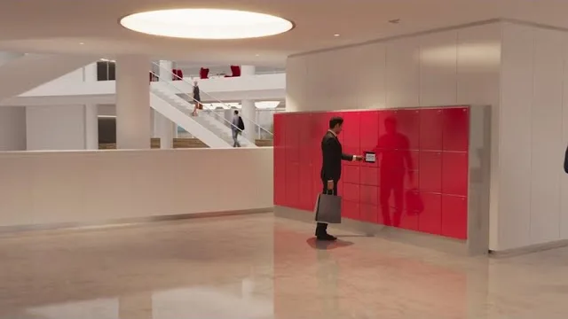 A smart locker bank in an office atrium, with someone collecting an item from a compartment